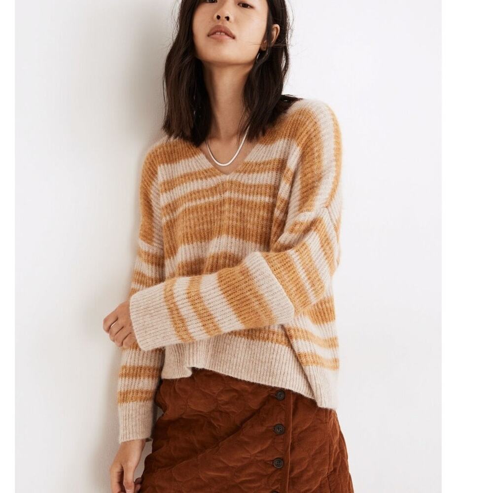 Madewell Space Dyed Staley V Neck Pullover Wool Alpaca Blend Retro Stripe 90s